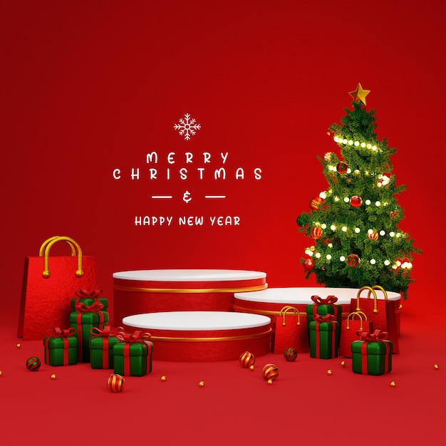 Ilustración 3d Fondo de navidad y año nuevo cartel de banner de tarjeta de felicitación de podio 3d
