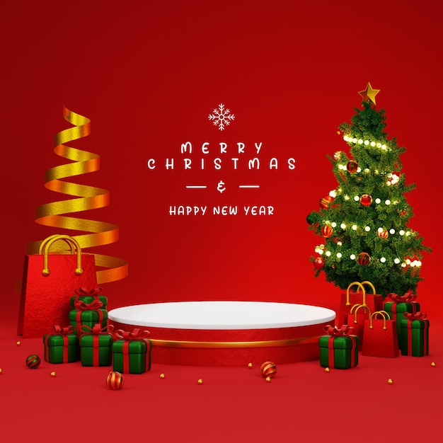 Ilustración 3d Fondo de navidad y año nuevo cartel de banner de tarjeta de felicitación de podio 3d