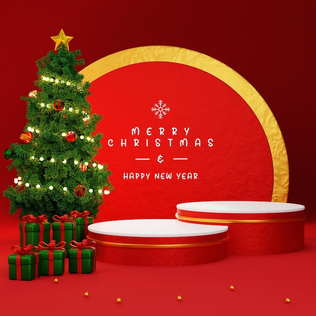Ilustración 3d Fondo de navidad y año nuevo cartel de banner de tarjeta de felicitación de podio 3d