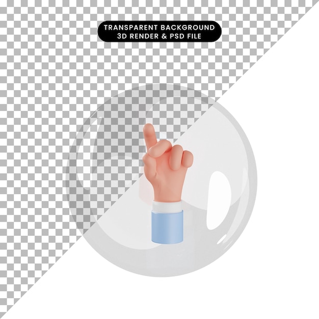Ilustración 3d del gesto de la mano del objeto, haga clic dentro de las burbujas