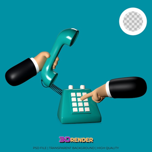 PSD ilustración 3d de un gesto de mano sosteniendo un teléfono retro