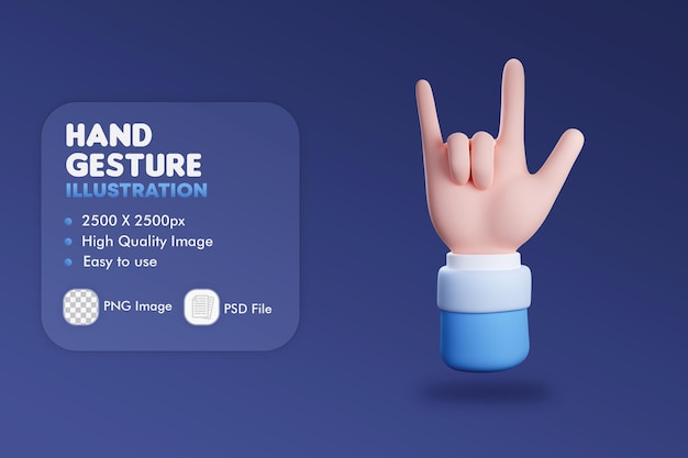 Ilustración 3D del gesto de signo de rock manual, concepto de música, negocios e interfaz de usuario