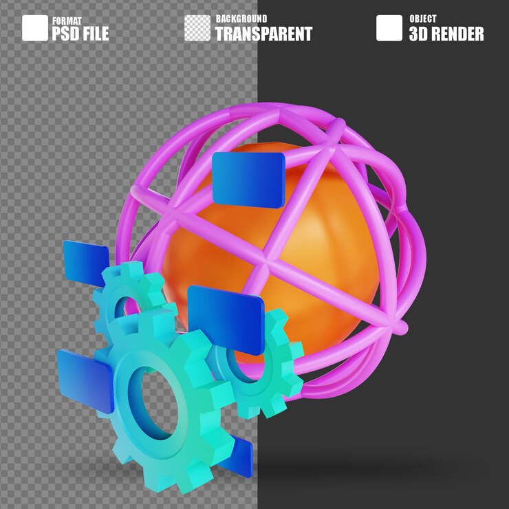 PSD ilustración 3d global y desarrollo web de engranajes.