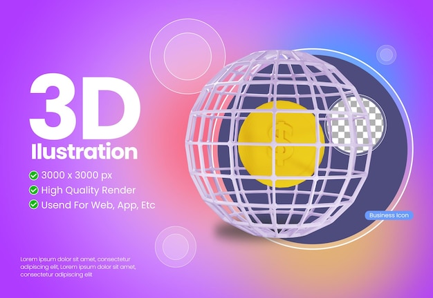 PSD ilustración 3d de globo con monedas con tema de icono de negocios
