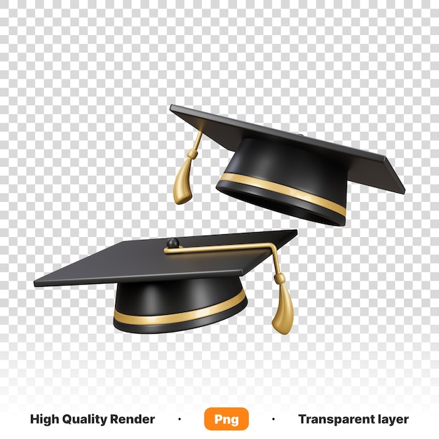 Ilustración 3D de una gorra de graduación negra y dorada con una franja dorada en la parte superior en un fondo transparente