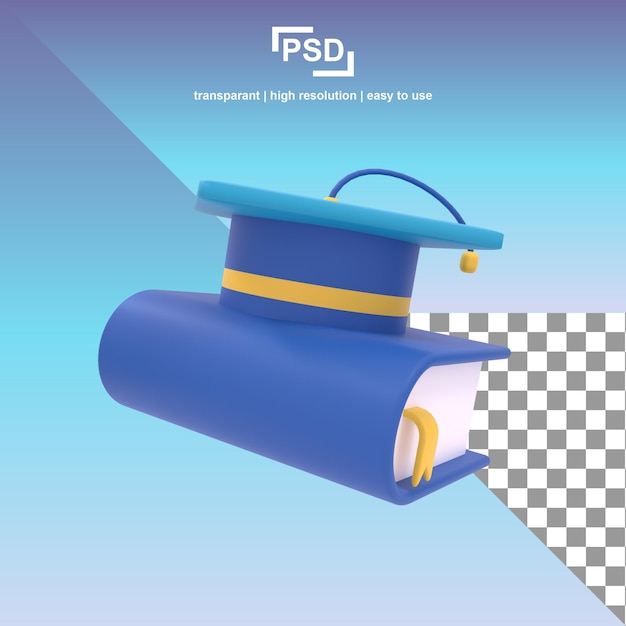 PSD ilustración 3d de graduación de libro y sombrero