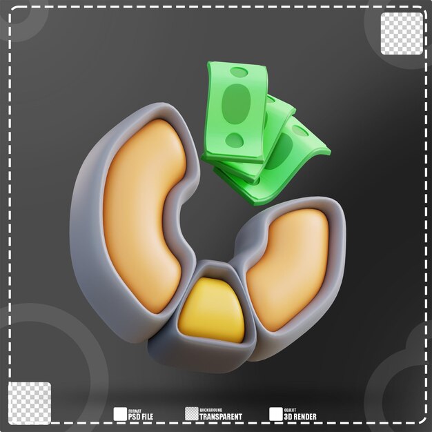 Ilustración 3D de gráfico circular y dinero 3