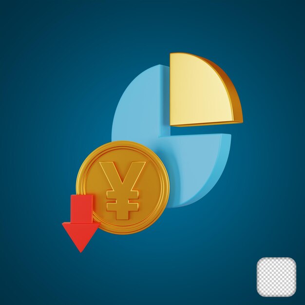 Ilustración 3D del gráfico circular de disminución de yuanes