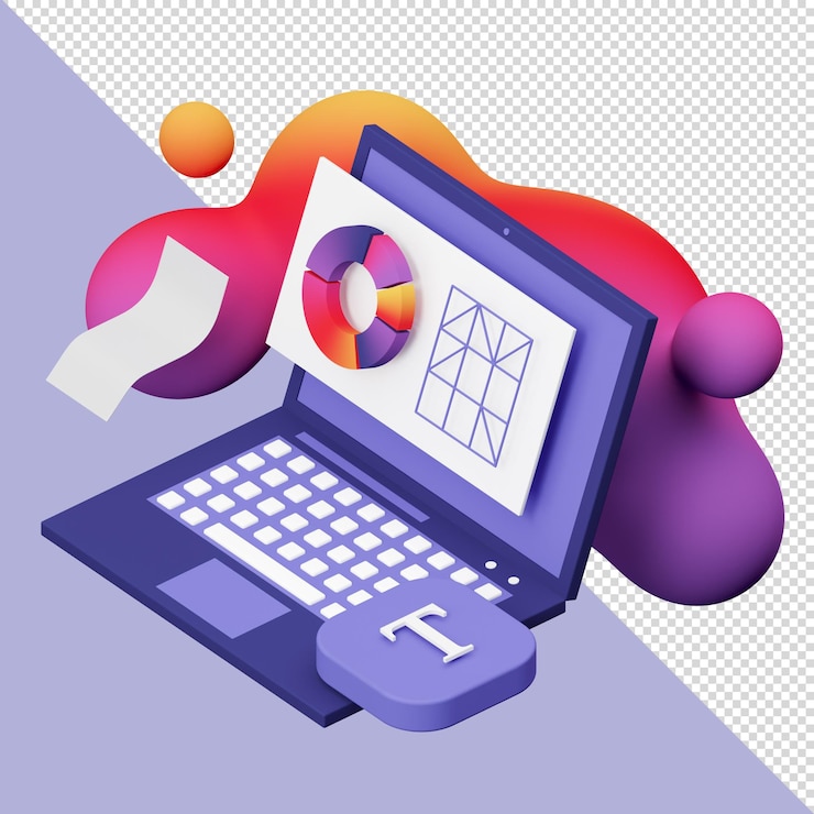 PSD ilustración 3d del gráfico de la computadora portátil para la página de inicio o las redes sociales