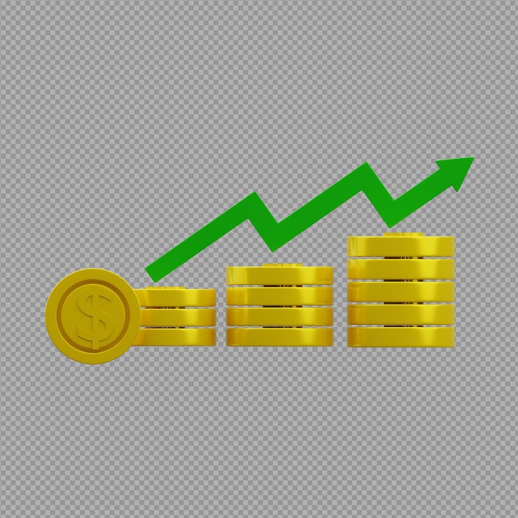 PSD ilustración 3d de un gráfico con monedas de oro en él que cotiza en acciones en un fondo transparente