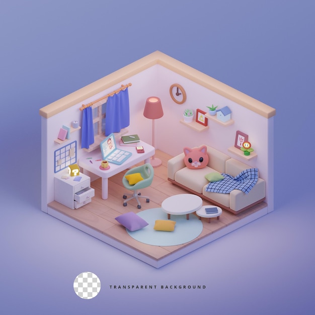 Ilustración 3d de habitación isométrica