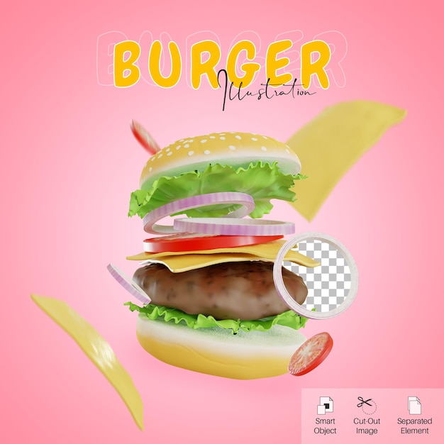 Ilustración 3d de hamburguesa de comida rápida voladora con elemento de queso para plantilla de estilo lindo de redes sociales