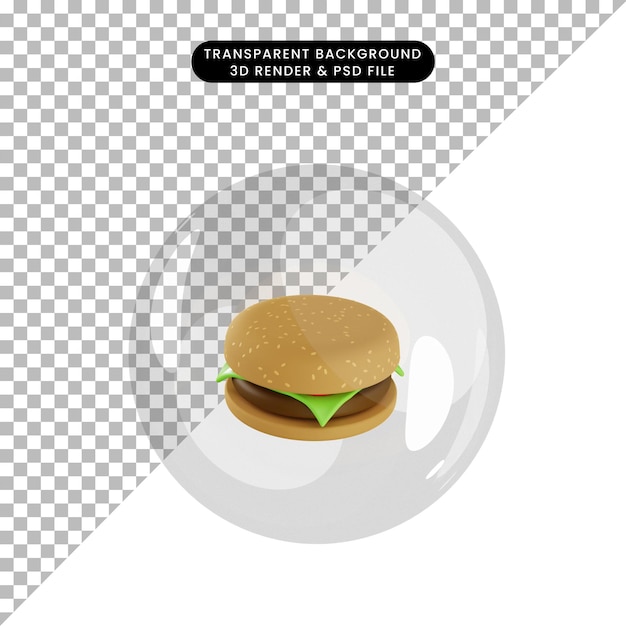 Ilustración 3d de hamburguesa de objeto dentro de burbujas