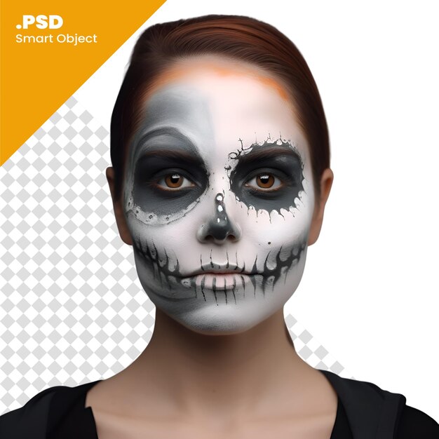 PSD ilustración 3d de una hermosa mujer con maquillaje de cráneo en una plantilla psd de fondo blanco