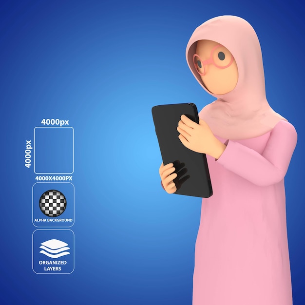 PSD ilustración 3d de una hermosa mujer musulmana mirando un smartphone y charlando cartoon business