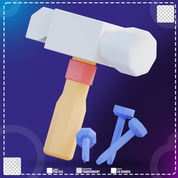 Ilustración 3d de la herramienta 2 de martillo y clavos
