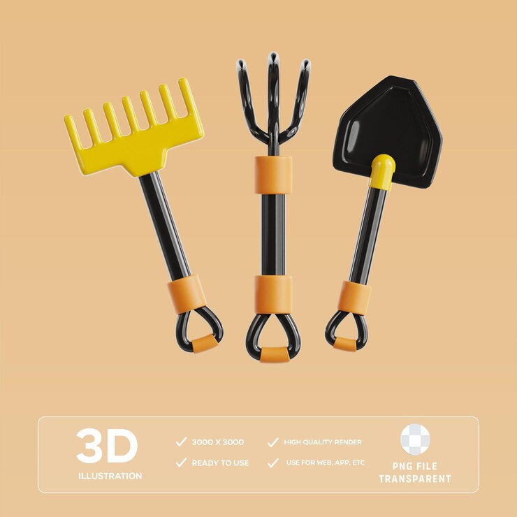 Ilustración 3D de las herramientas de jardinería de PSD