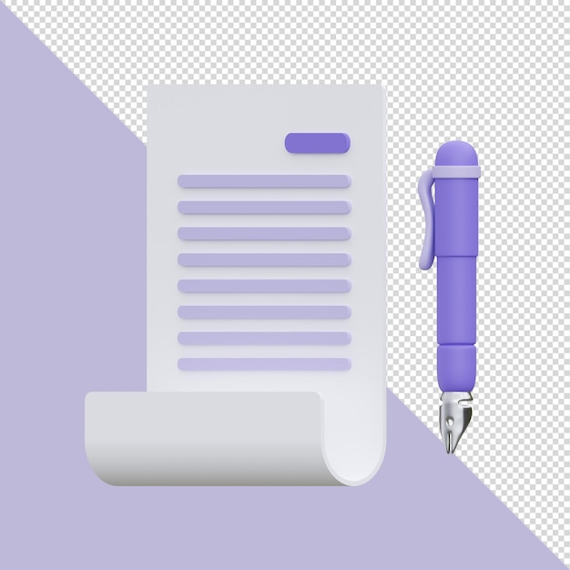 PSD ilustración 3d de una hoja de papel y un bolígrafo