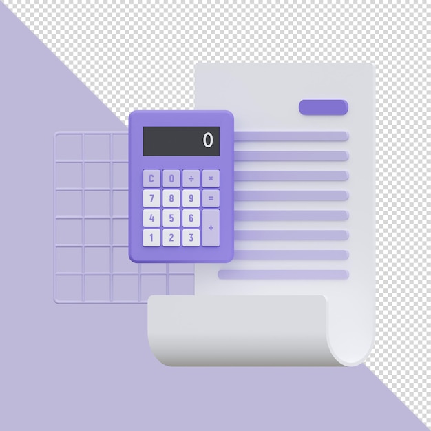 Ilustración 3D de una hoja de papel y una calculadora