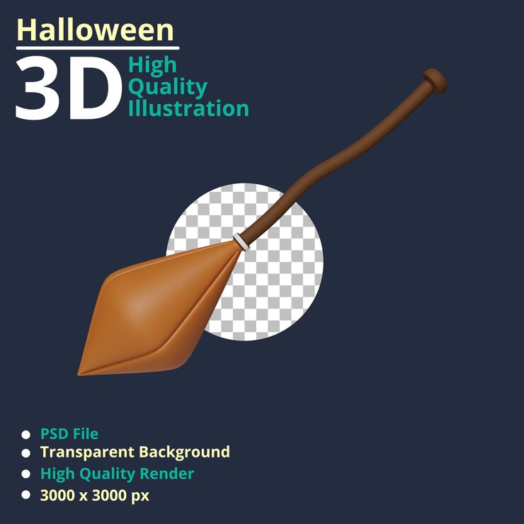 PSD ilustración 3d de holloween, palo de escoba, renderizado de alta calidad