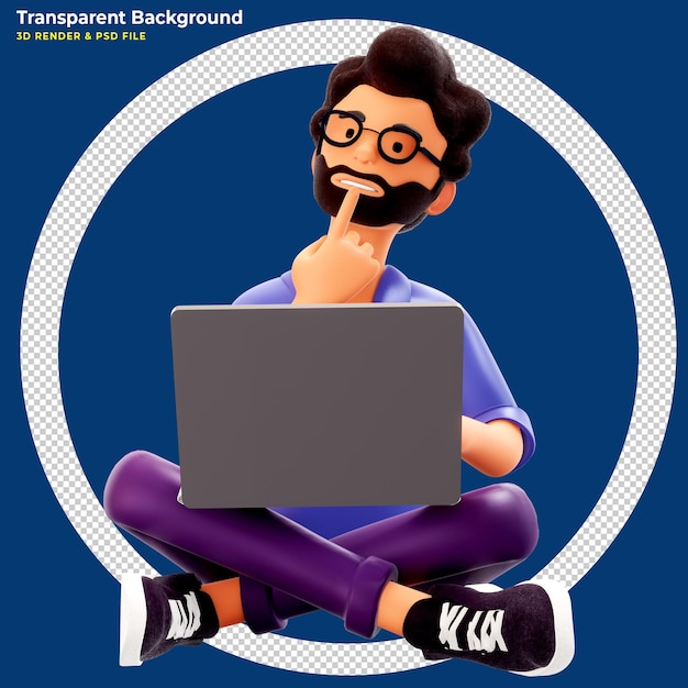 Ilustración 3d del hombre barbudo thinking idea con una laptop sentada en el suelo