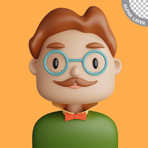 Ilustración 3d de un hombre caucásico sonriente caricatura de cerca retrato de un hombre caucásico de pie con bigote sobre un fondo amarillo avatar 3d para ui ux