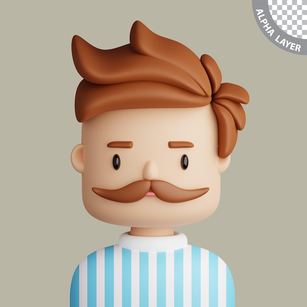 Ilustración 3D de un hombre caucásico sonriente Caricatura de cerca retrato de un hombre caucásico de pie con bigote sobre un fondo gris Avatar 3D para ui ux