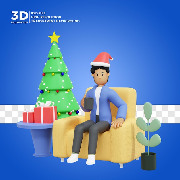 Ilustración 3d de un hombre celebrando la navidad en casa premium psd