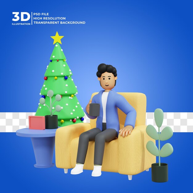 Ilustración 3d de un hombre celebrando la navidad en casa premium psd