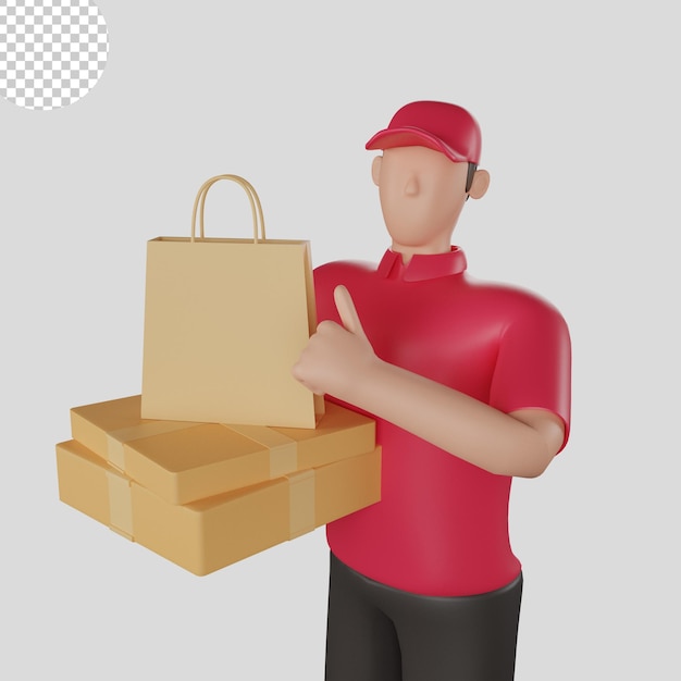 Ilustración 3d de un hombre de entrega con una camisa roja sosteniendo la mercancía de un cliente. psd premium