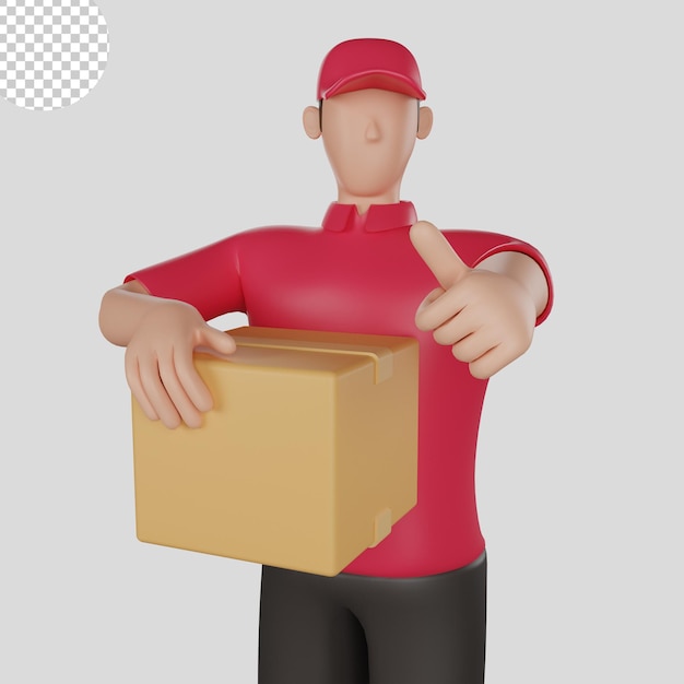 Ilustración 3d de un hombre de entrega con una camisa roja sosteniendo la mercancía de un cliente. psd premium