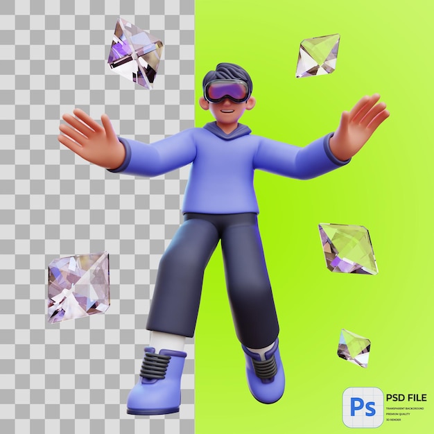 Ilustración 3D de un hombre flotando en el Metaverso representación del icono PNG aislado