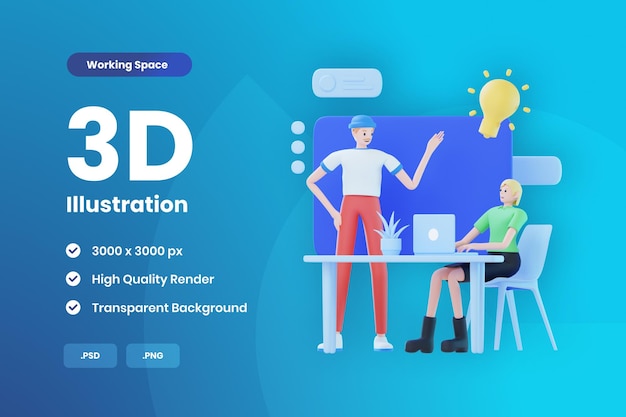 Ilustración 3D Hombre y mujer Lluvia de ideas para una buena idea