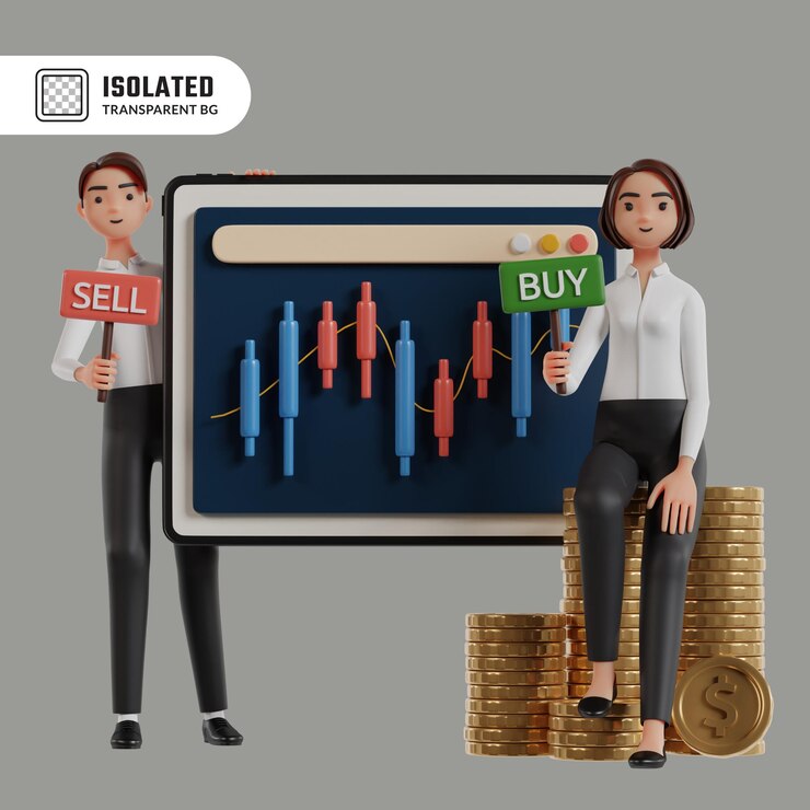 PSD ilustración 3d de un hombre y una mujer de pie sosteniendo un cartel de compra y venta con un candelabro de adorno