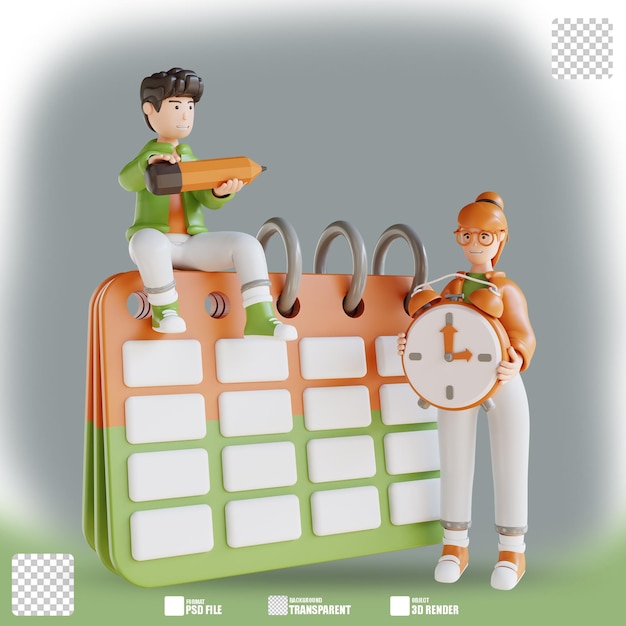 Ilustración 3d hombre y mujer con reloj de calendario y programación