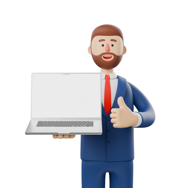 Ilustración 3D hombre de negocios exitoso dando pulgares de agradecimiento y sosteniendo una computadora portátil