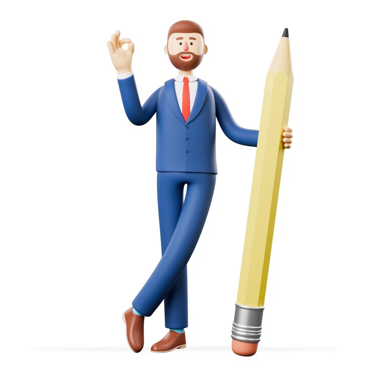 PSD ilustración en 3d de un hombre de negocios sonriente sosteniendo un lápiz grande y mostrando el gesto ok