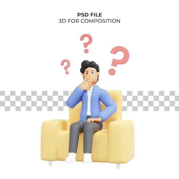 Ilustración 3d de un hombre pensando en una idea sentado en una silla premium psd