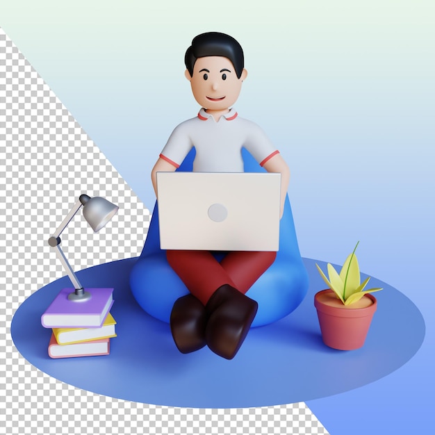 Ilustración 3d de hombre sentado trabajando con computadora portátil psd premium