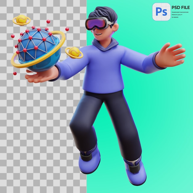 Ilustración 3d de un hombre sosteniendo un mundo virtual que representa el icono aislado en png