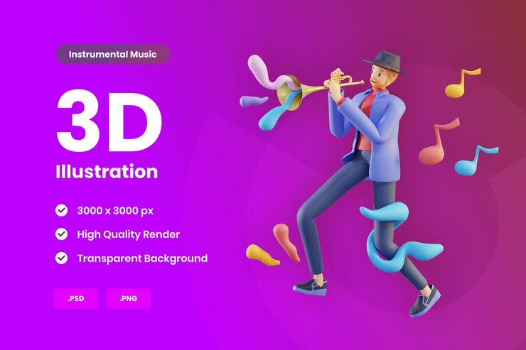 Ilustración 3D Hombre tocando instrumento musical de trompeta
