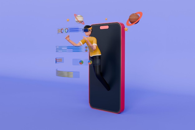 Ilustración 3D de un hombre usando tecnología del metaverso