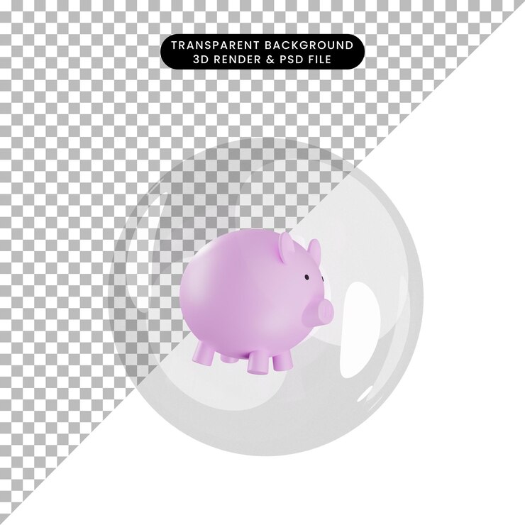 PSD ilustración 3d de huchas de objetos dentro de burbujas