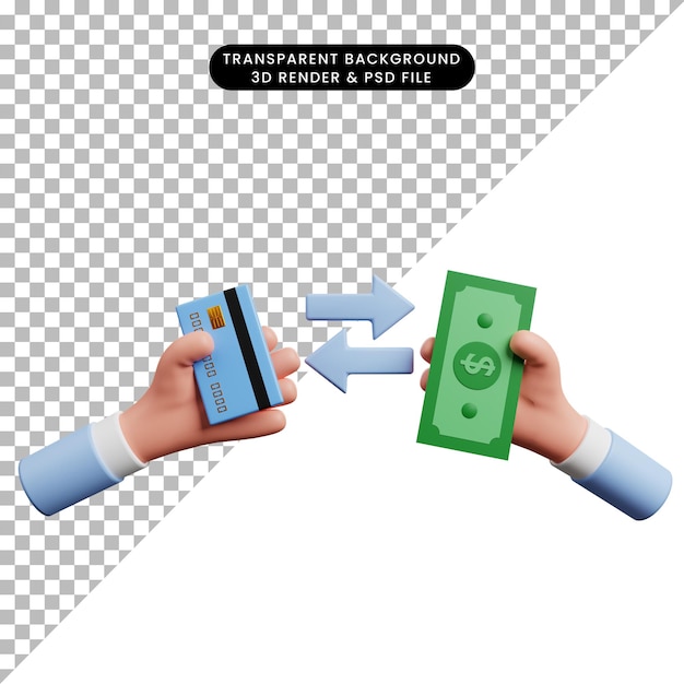 Ilustración 3d del icono del concepto de pago mano sosteniendo dinero y tarjeta de crédito