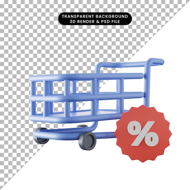 Ilustración 3d del icono de descuento con carrito de compras