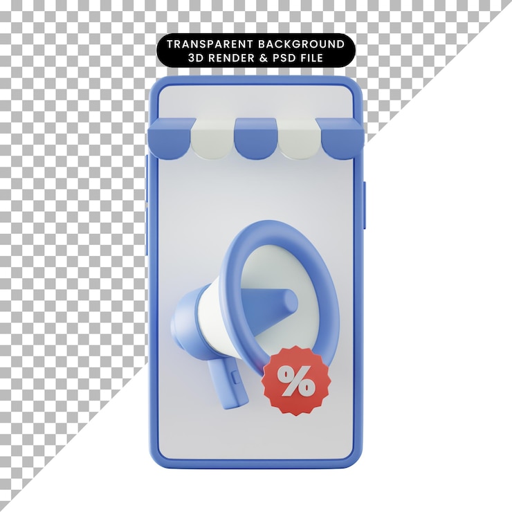 PSD ilustración 3d del icono de descuento con teléfono inteligente