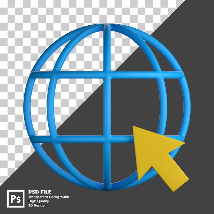 PSD ilustración 3d del icono de internet del globo con un puntero de flecha