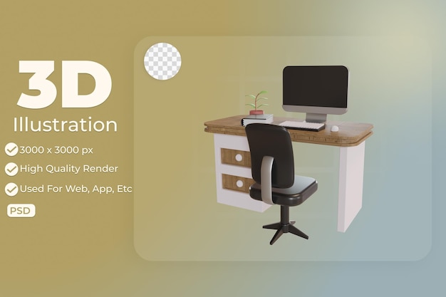 PSD ilustración 3d icono de objeto soporte de computadora trabajos de oficina