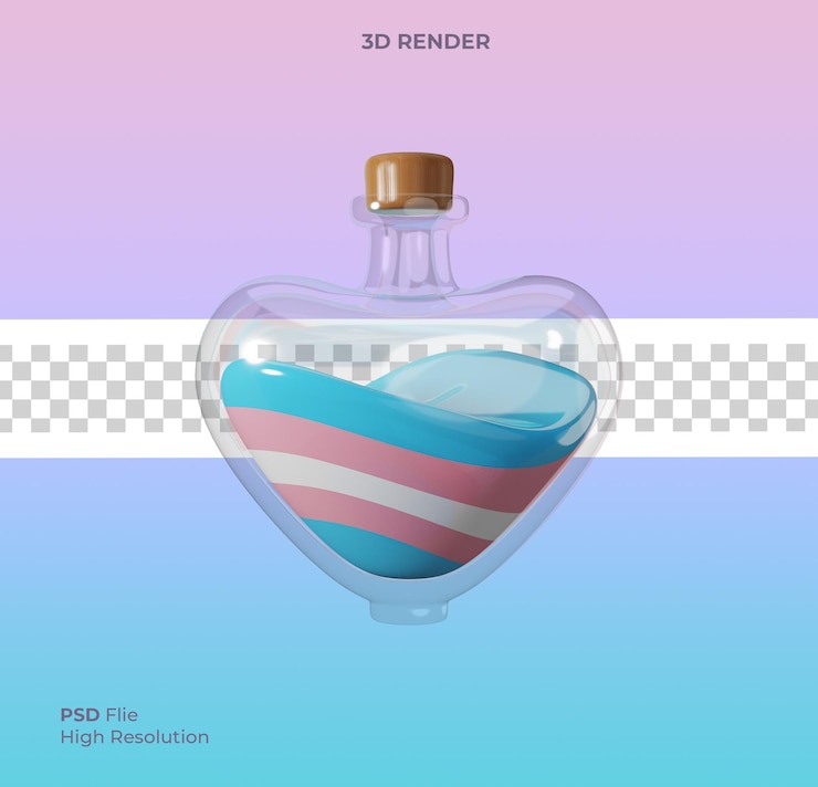 PSD ilustración 3d del icono de la poción del matraz del corazón del orgullo con colores transgénero icono del mes del orgullo aislado