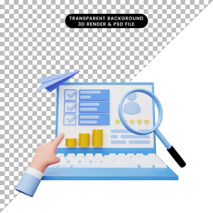 PSD ilustración 3d del informe de análisis de datos en la computadora portátil